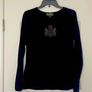 LRL Lauren Active Black Long Sleeve Shirt Logo Crest Embroidery Size L